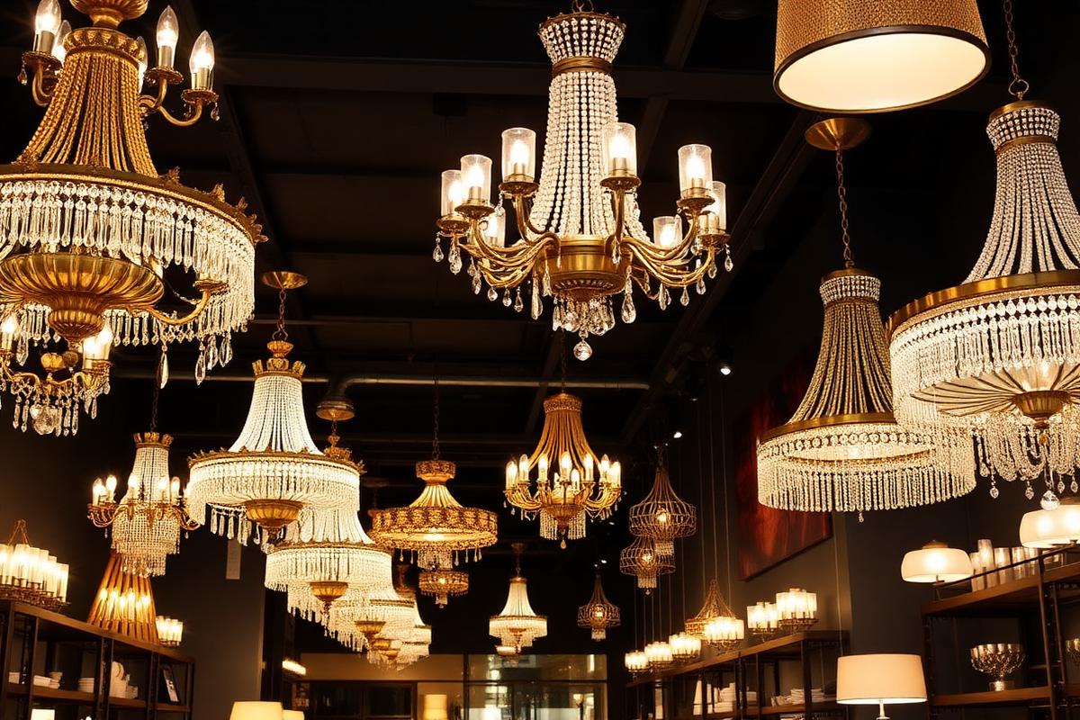 Chandelier display at R3 Lights showroom Chavakkad